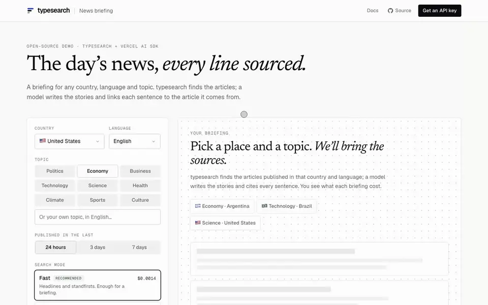 News briefing: se elige país, idioma y tema, y las noticias salen escritas con citas numeradas